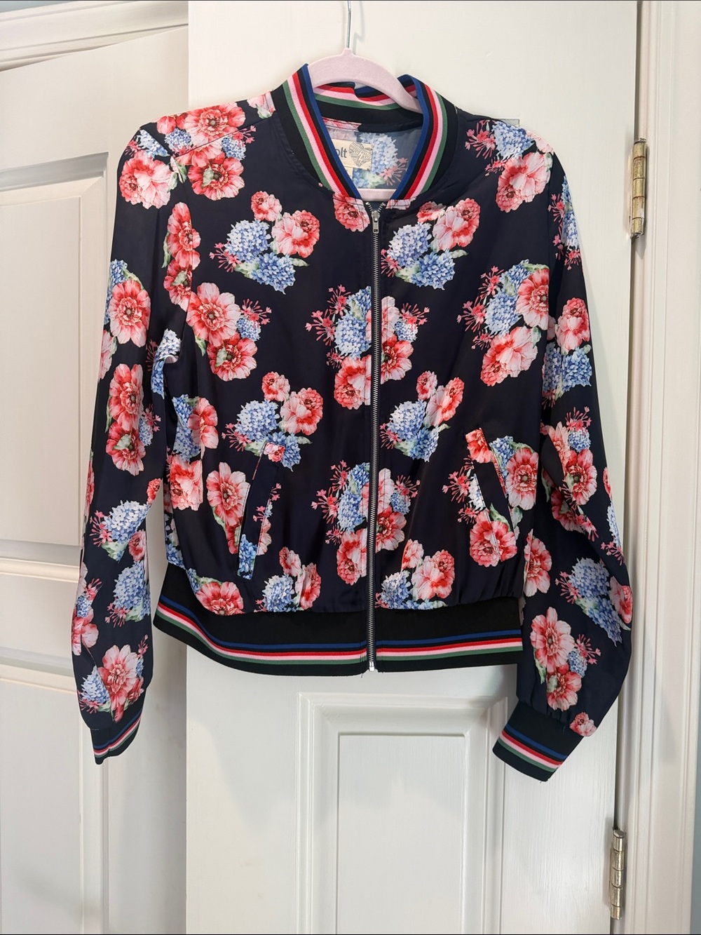 Jolt Navy Floral Bomber Jacket with Pink and Blue Blooms